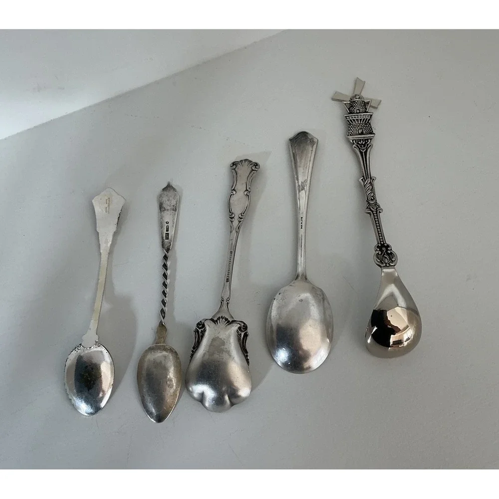 Lot of 5 Vintage Spoons Souvenir Mixed Metals Silver Tone Collectible Spoons